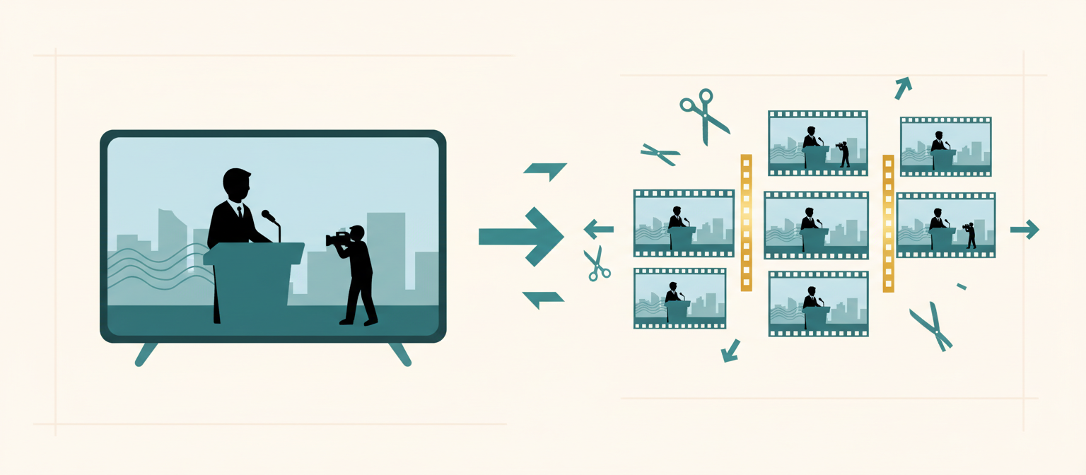 ライブ配信のアーカイブから広告素材を切り抜く編集プロセスのイメージ