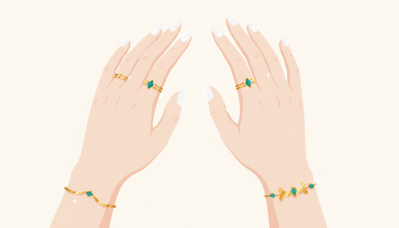 輝くジュエリーを美しい手元で着用している様子