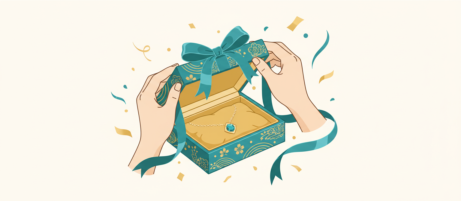 豪華な箱、リボン、ギャランティカードを含むジュエリーの開封シーン