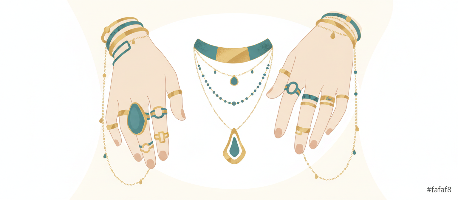 複数のジュエリーが重ね付けされた美しい手元のスタイリング例